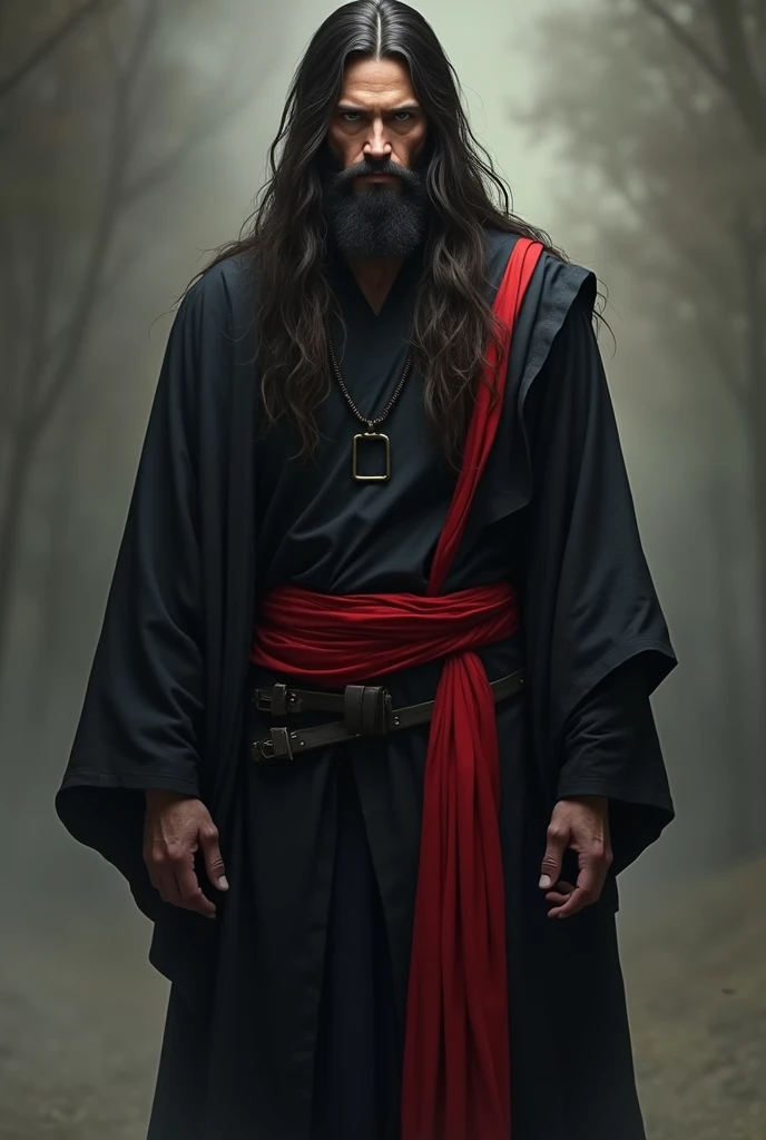 Man with flowing hair, simple beard, using a sash, together with black colored clothes, with red stripes