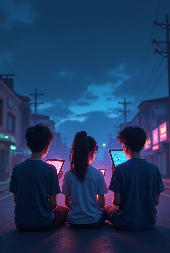 (photorealism:1.2), 3 teenager holding tablet. 1 is boy in the keft 2 girl in the middle and n the right is boy, they all sitting in a street, theyre back is the front in the picture, and make the sky looks like night, like dark from the top and then blue and sky blue, dont add the street background only the skies,and the only giving light is from their tablets and then from where the lights comming make it like the lights of their tablet is showing in the sky and in the lights it shows all of their apps they use i mean,like spotify, mobile legend, etc games, like its a futuristic devide when the appss they use float