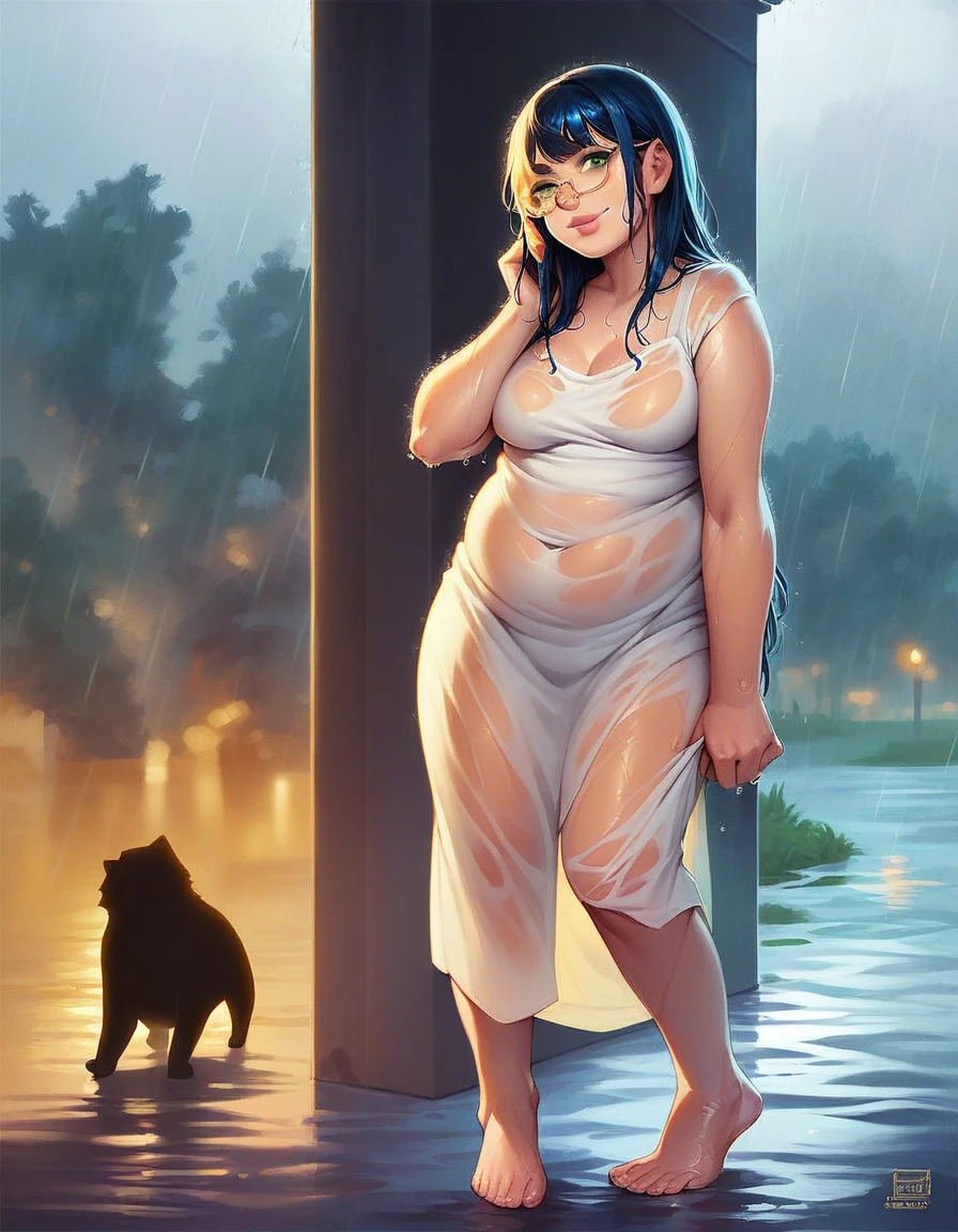 1girl, masterpiece, (chubby), ((dark eyeliner)), best quality, realistic face, black and blue hair with bangs and ponytail, large glasses, , , , green eyes, nose ring, chubby cheeks, long nose, low nose, high lips, dark eyebrows, ((trad blue and grey sundress)) thunderstorm background, ((raining)), ((golden hour lighting)), back porch background, big smile, w3t (full body picture)
wet top, wet hair, t, breasts silhouette