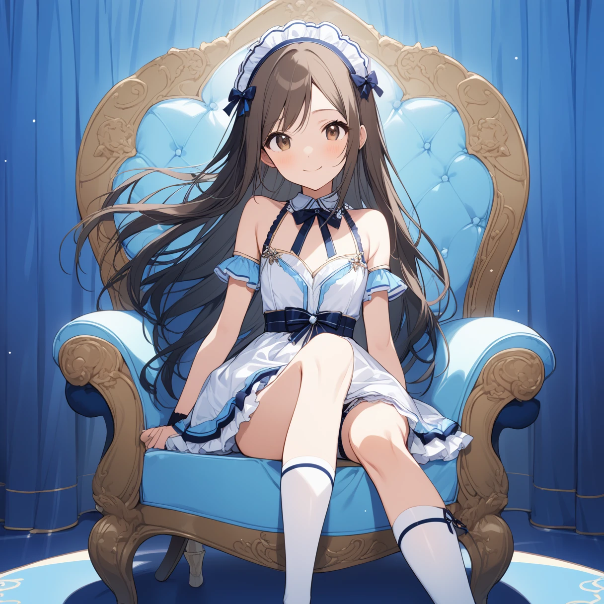 (masterpiece), (Highest quality), High resolution, (Very detailed), (Best illustrations), (Best Shadow), (so beautiful), (very cute), (Absurd), (Blue background), (Blue Room), (Blue carpet), round-shaped face, 
(Highly detailed face), Perfect limbs, Intricate details顔, （High Contrast：2）, 

(round face:1.50), 
the idolm@ster, （Minase Iori）, （iori minase）,  girl, 
Black Hair, Brown glossy hair, Long Hair, Long Hair, Brown eyes, ribbonが付きのヘアーバンド, ribbonが付きヘアークリップ, 
Beautiful small breasts, Shyness, smile, Pitiful, Her behavior is very quiet., 
 
Perfect limbs, Perfect Anatomy, Thin legs, Intricate details, Five perfect fingers, One person, so beautiful少女, very cute少女,Big eyes, slender, Tight waist,  (White knee socks), 

Beautiful Skin, sexy,Charm, full body of a young girl, 
(One person、solo:1.4), Full Shot, 

Erotic, 
Backless maid outfit, Short skirt, ribbon, 
Blue striped underwear, White frilly underwear, 小さいribbonが付いてる下着,

(Antique nursing chair), Sitting in a big luxurious chair, A little open legs are beautiful, View from the front,