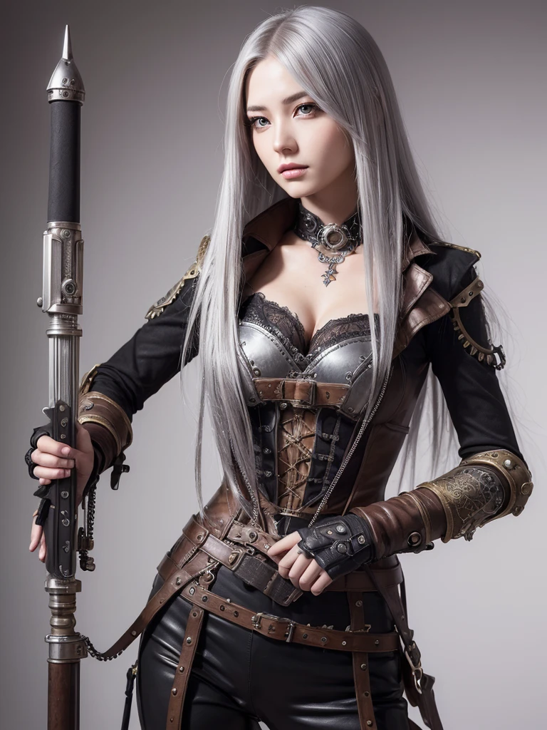 Very beautiful Steampunk lady, long silver hair, steampunk outfit and weapon, hyperrealism, photorealistic,