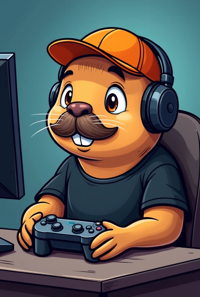 cartoon capybara face with mustache playing video game in black t-shirt, orange cap and headphones