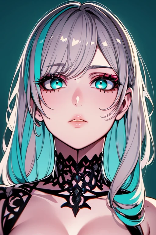 ((masterpiece)), ((ultra-detailed)), ((best quality)), ((intricate details)), ((chromatic aberration)), 1girl, (ringlets), makeup, black eyeliner, eyelashes, looking at viewer, blown hair, turquoise eyes, (two-tone hair:1.2), (expressionless:1.2),