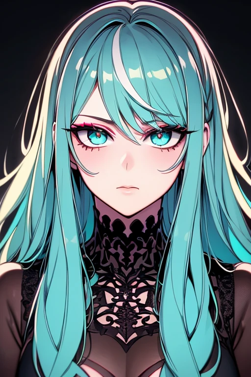 ((masterpiece)), ((ultra-detailed)), ((best quality)), ((intricate details)), ((chromatic aberration)), 1girl, (ringlets), makeup, black eyeliner, eyelashes, looking at viewer, blown hair, turquoise eyes, (two-tone hair:1.2), (expressionless:1.2),