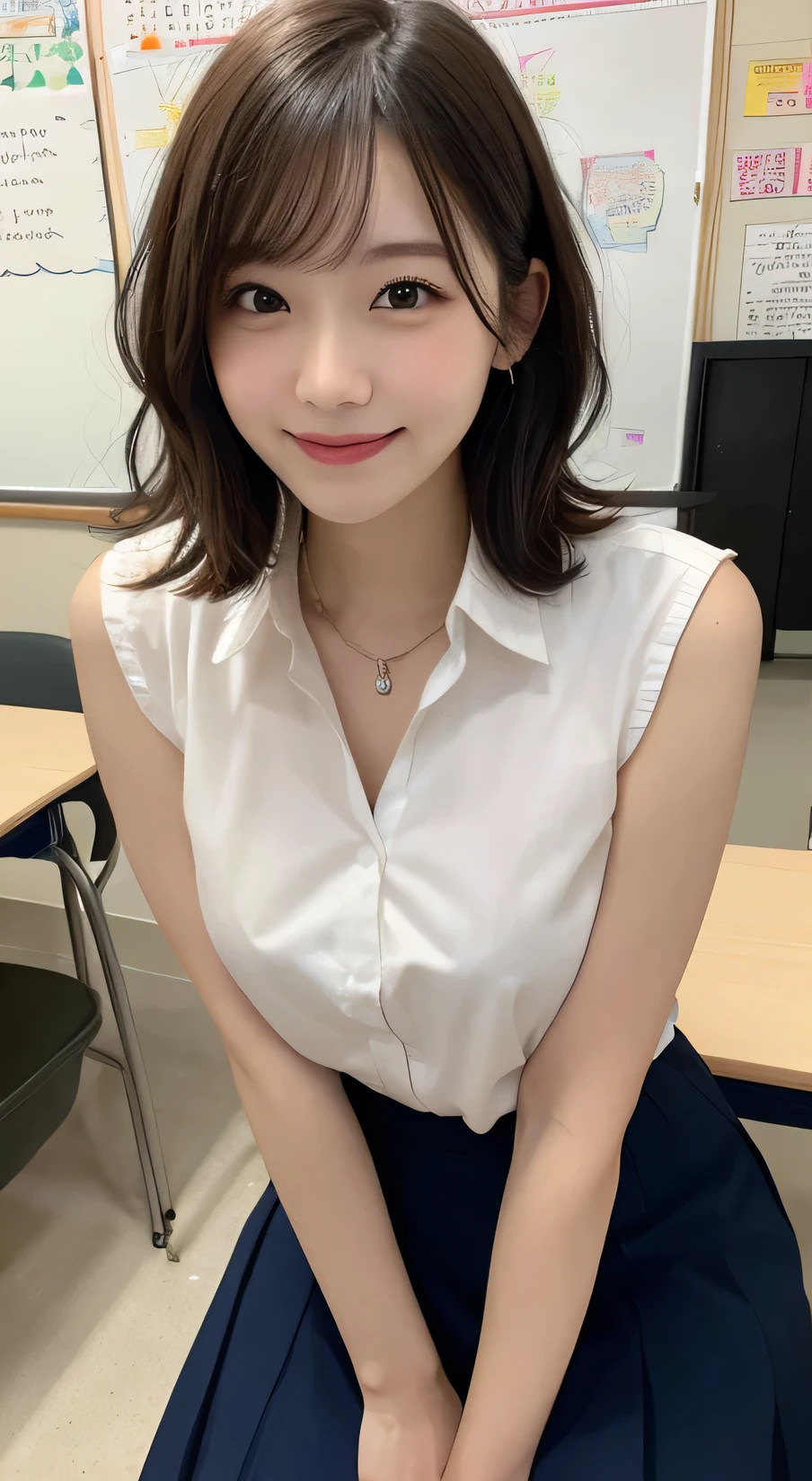 Tabletop, Highest quality, figure, Very detailed, In detail, High resolution, 8k wallpaper, Perfect dynamic composition, Beautiful attention to detail,Wavy Hair、 (short hair)、Small breasts, Random pose、smile、cute、happy、sexy shot looking at camera,Perfect and beautiful face、Sleeveless shirt、Collared shirt、24-years-old、female teacher、long skirt、smile、Simple Necklace、school staff room