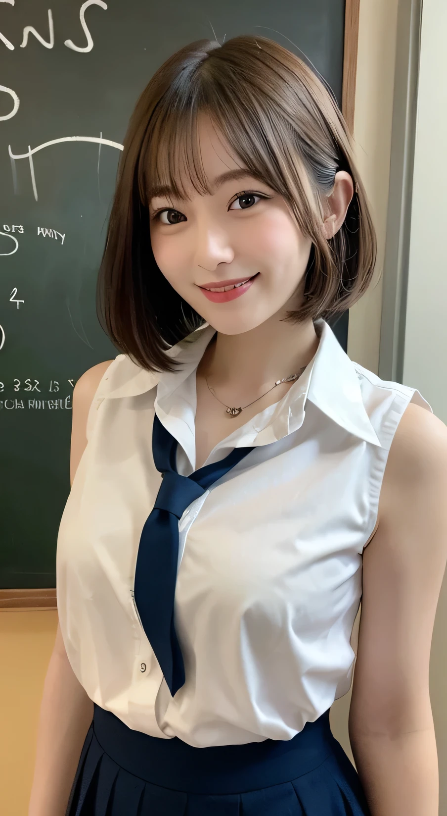 Tabletop, Highest quality, figure, Very detailed, In detail, High resolution, 8k wallpaper, Perfect dynamic composition, Beautiful attention to detail,Wavy Hair、 (short hair)、Small breasts, Random pose、smile、cute、happy、sexy shot looking at camera,Perfect and beautiful face、Sleeveless shirt、Collared shirt、24-years-old、female teacher、long skirt、smile、Simple Necklace、school staff room