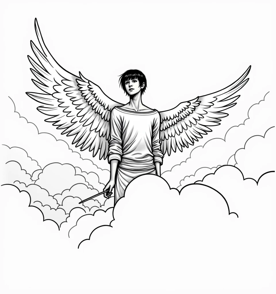 illustration style of lucifer from the bible, soft lighting, (dramatic angle:1.25), (standing alone:1.4), (1 men), ((Bblack hair), short and straight hair), black eyes, sky, (Off-the-shoulder shirt), (staring overhead:1.3), fantastic black and white, sky azul com nuvens, (work of art:1.2), ultra detali, (best qualityer), black and white illustration, (personagem caindo do sky)