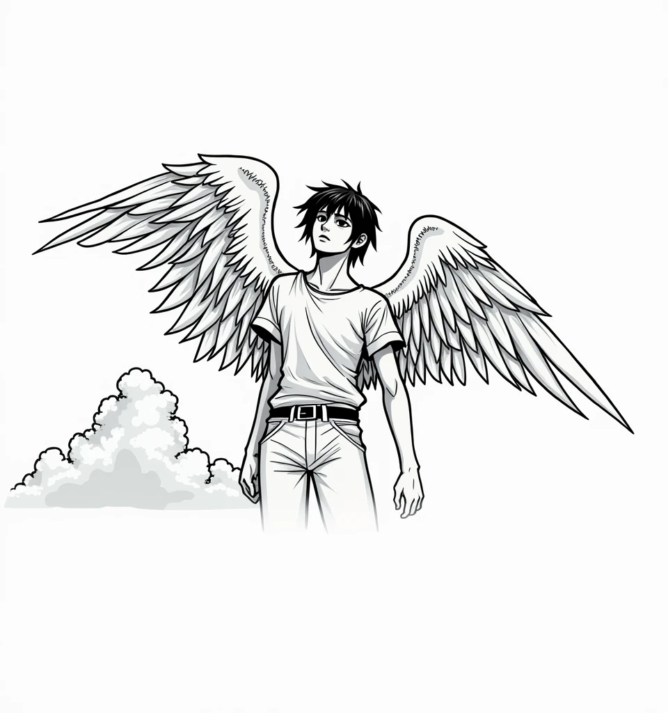 illustration style of lucifer from the bible, soft lighting, (dramatic angle:1.25), (standing alone:1.4), (1 men), ((Bblack hair), short and straight hair), black eyes, sky, (Off-the-shoulder shirt), (staring overhead:1.3), fantastic black and white, sky azul com nuvens, (work of art:1.2), ultra detali, (best qualityer), black and white illustration, (personagem caindo do sky)