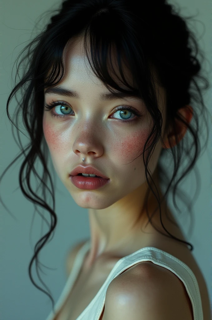 Slender young woman, white, brunette with striking blue eyes and very black, slightly messy hair. A mole below the right eye and a piercing in the lips