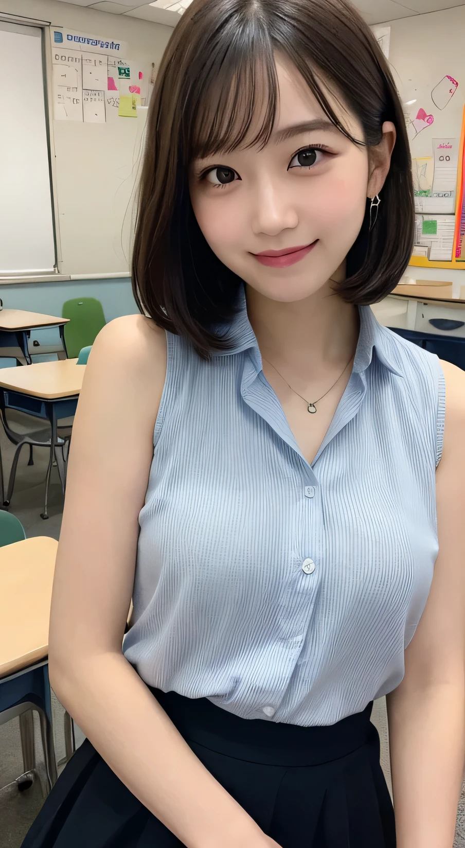 Tabletop, Highest quality, figure, Very detailed, In detail, High resolution, 8k wallpaper, Perfect dynamic composition, Beautiful attention to detail,Wavy Hair、 (short hair)、Small breasts, Random pose、smile、cute、happy、sexy shot looking at camera,Perfect and beautiful face、Sleeveless shirt、Collared shirt、24-years-old、female teacher、long skirt、smile、Simple Necklace、school staff room