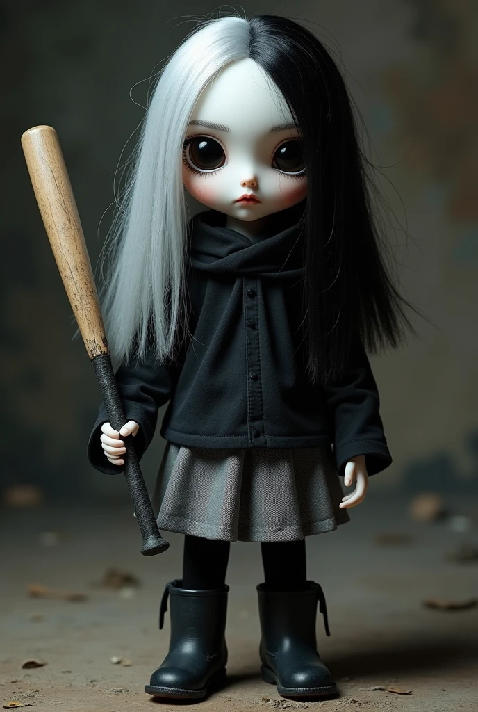 Mascolino doll with round head black eyes long hair half is gray and the other half is black shirt with long black sleeves and gray skirt with a base ball bat made of iron with white skin full body with black boots