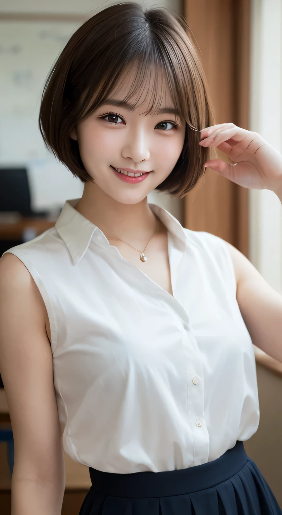 Tabletop, Highest quality, figure, Very detailed, In detail, High resolution, 8k wallpaper, Perfect dynamic composition, Beautiful attention to detail,Wavy Hair、 (short hair)、Small breasts, Random pose、smile、cute、happy、sexy shot looking at camera,Perfect and beautiful face、Sleeveless shirt、Collared shirt、24-years-old、female teacher、long skirt、smile、Simple Necklace、school staff room