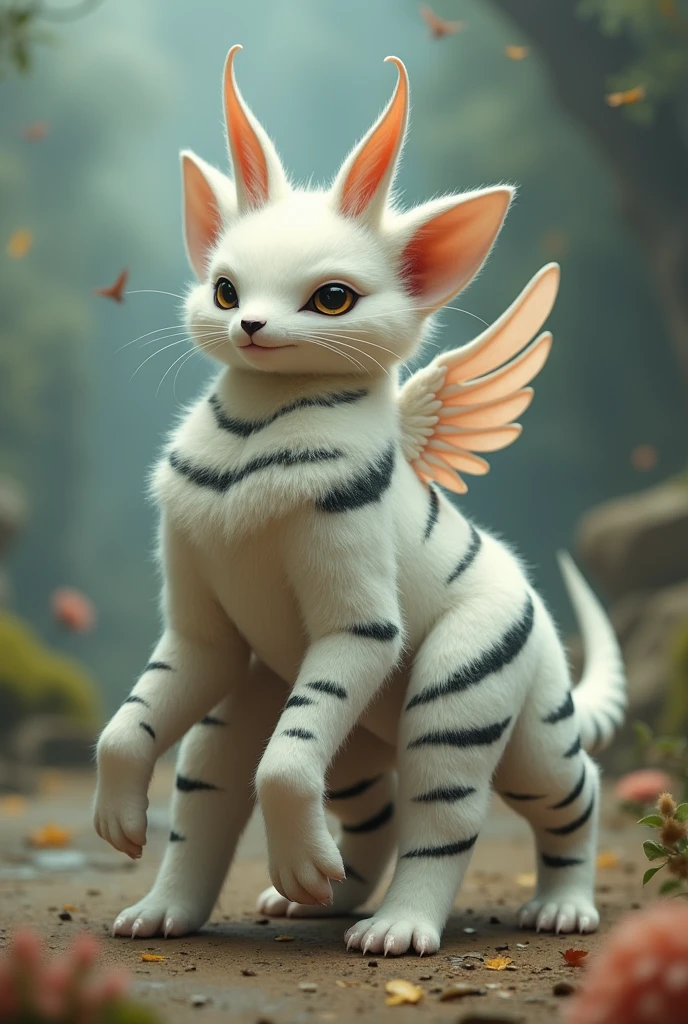 A creature that has a cylindrical body, an elongated head, two eyes, a small black nose, floppy ears, a long fluffy tail, a pair of wings, that has eight legs and that the color of its fur is white with black stripes