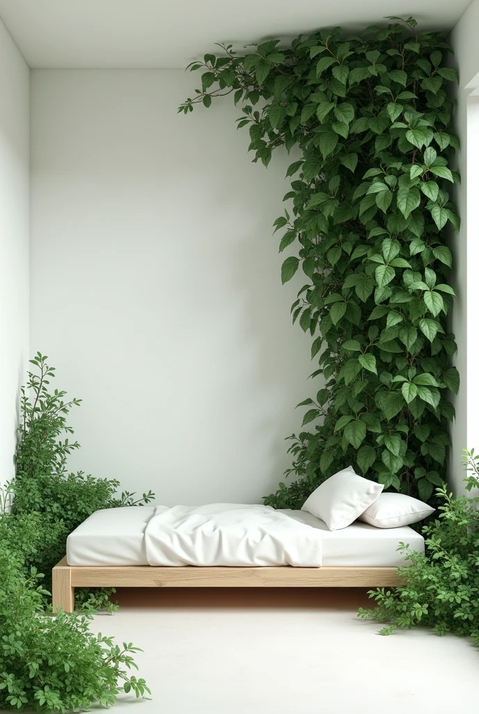 Green room with bush and. Door walls white bed medieval vine take out the medieval door!