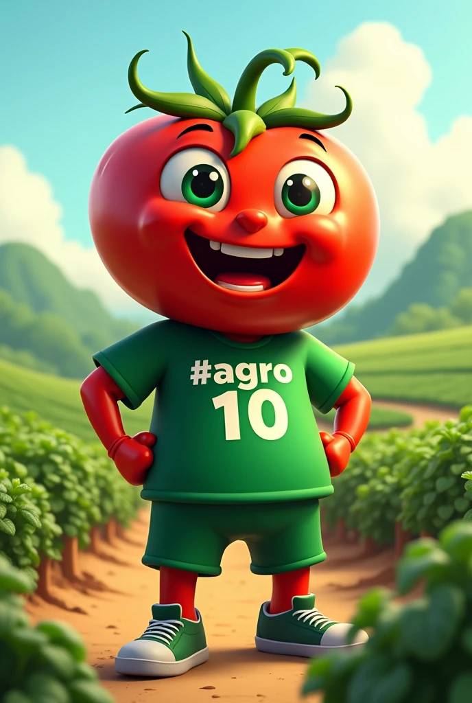 A tomato sports mascot wearing a green t-shirt that says "#AGRO 10" with field background