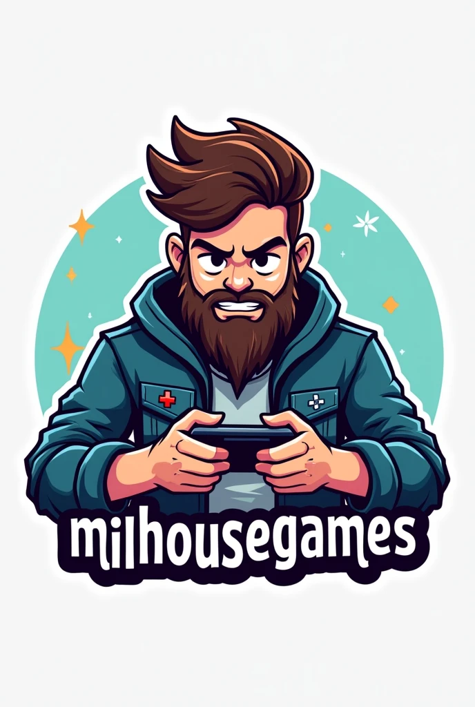 Can you generate a logo for me of a young gamer with a beard and a beard, who is playing on a cell phone and below has the words "Milhousegames"