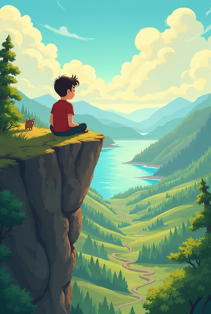 A man sitting at the end of a cliff looking at a beautiful natural landscape, the angle of the photo is from behind the man, animated drawing image, something more childish, A LOT MORE  
