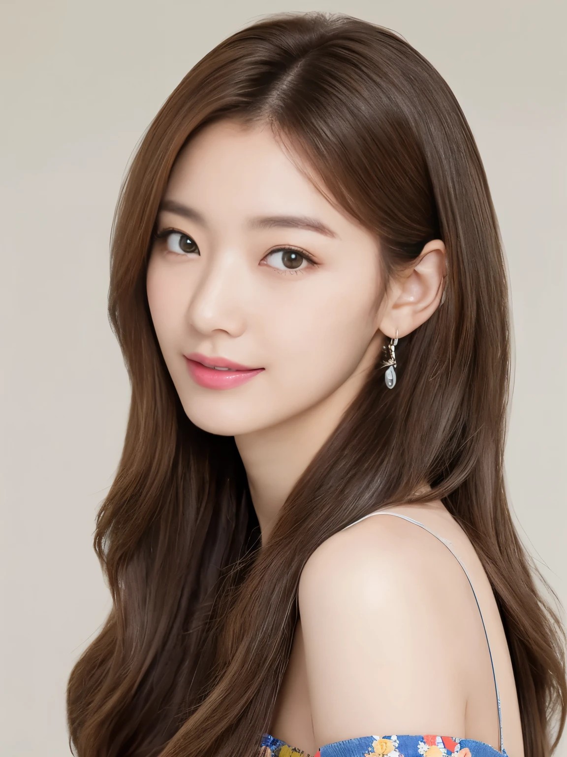 (highest quality、16K high resolution, Super detailed, masterpiece, Live shooting, realistic:1.5, hyper realism:1.5, sharp focus, very delicate and beautiful, small details, bust shot), 3 Japanese woman, 160cm tall, 50kg, bust 84cm, waist 59cm, hips 86cm, heart-shaped face with a pointed chin, shoulder-length layered brown hair styled with soft waves, groomed eyebrows, large expressive brown eyes, a straight nose, full smiling lips, wearing a yellow floral blouse, blue jeans, silver hoop earrings, a few faint freckles adding youthfulness, an overall warm and approachable demeanor, {{{{resembling actress Aya Omasa}}}}, random body orientation,