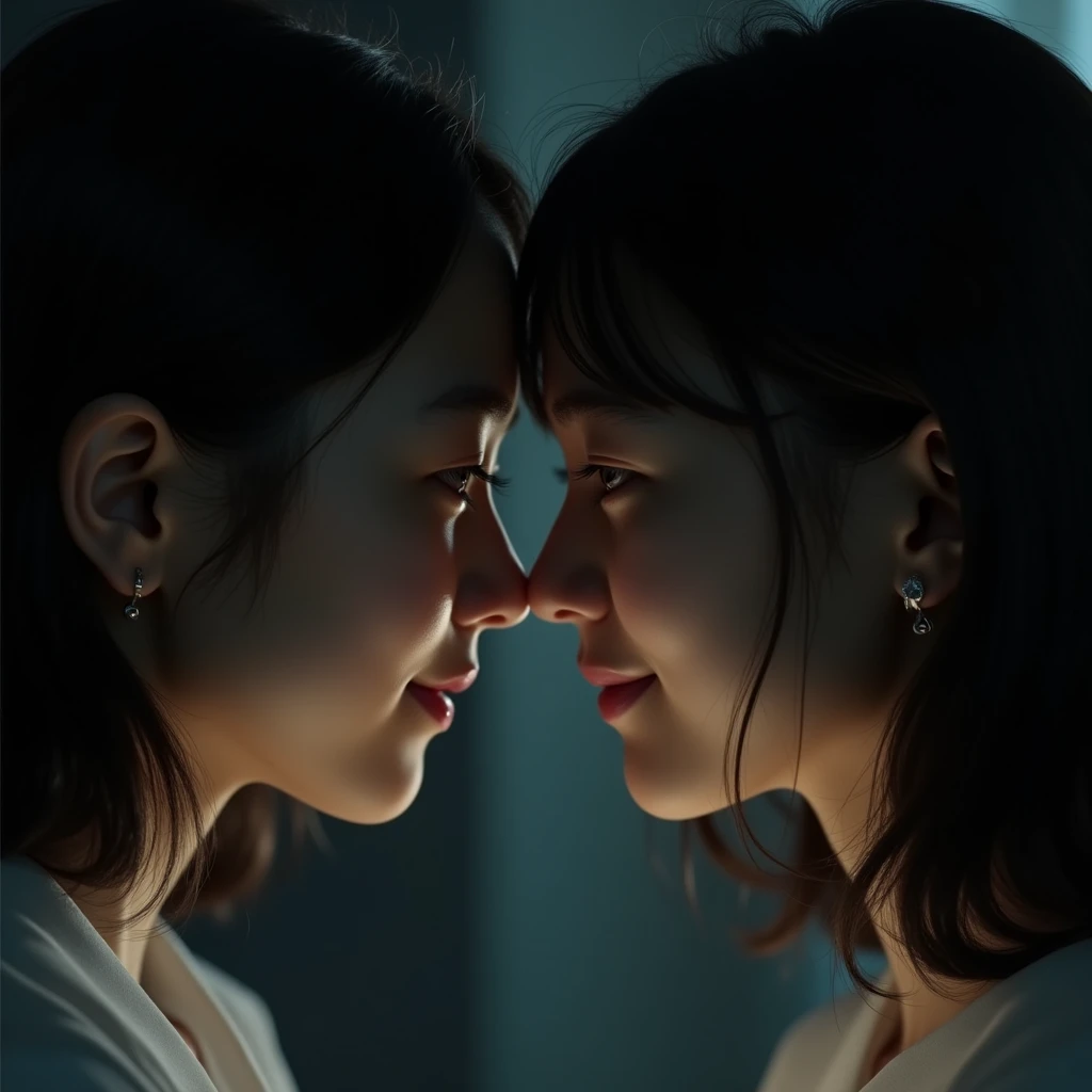 20-year-old Japanese girl meets her own clone。beautiful love、Lesbian、Dark Room、Cinematic lighting、close、With a smile、((masterpiece))