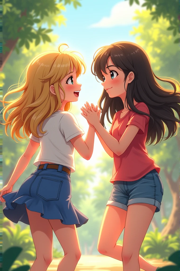 Make a teenage girl and another girl, a white girl and another Indian girl, the white girl 3, the older one with loose hair who are happy and very pretty, anime types