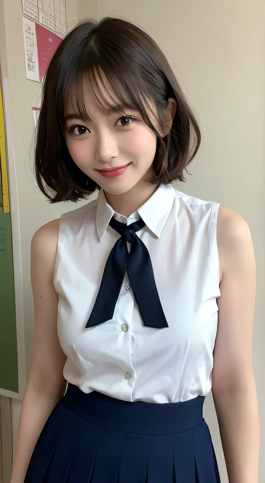 Tabletop, Highest quality, figure, Very detailed, In detail, High resolution, 8k wallpaper, Perfect dynamic composition, Beautiful attention to detail,Wavy Hair、 (short hair)、Small breasts, Hands on hips、smile、cute、happy、sexy shot looking at camera,Perfect and beautiful face、Sleeveless shirt、Collared shirt、24-years-old、female teacher、long skirt、smile、Simple Necklace、school staff room