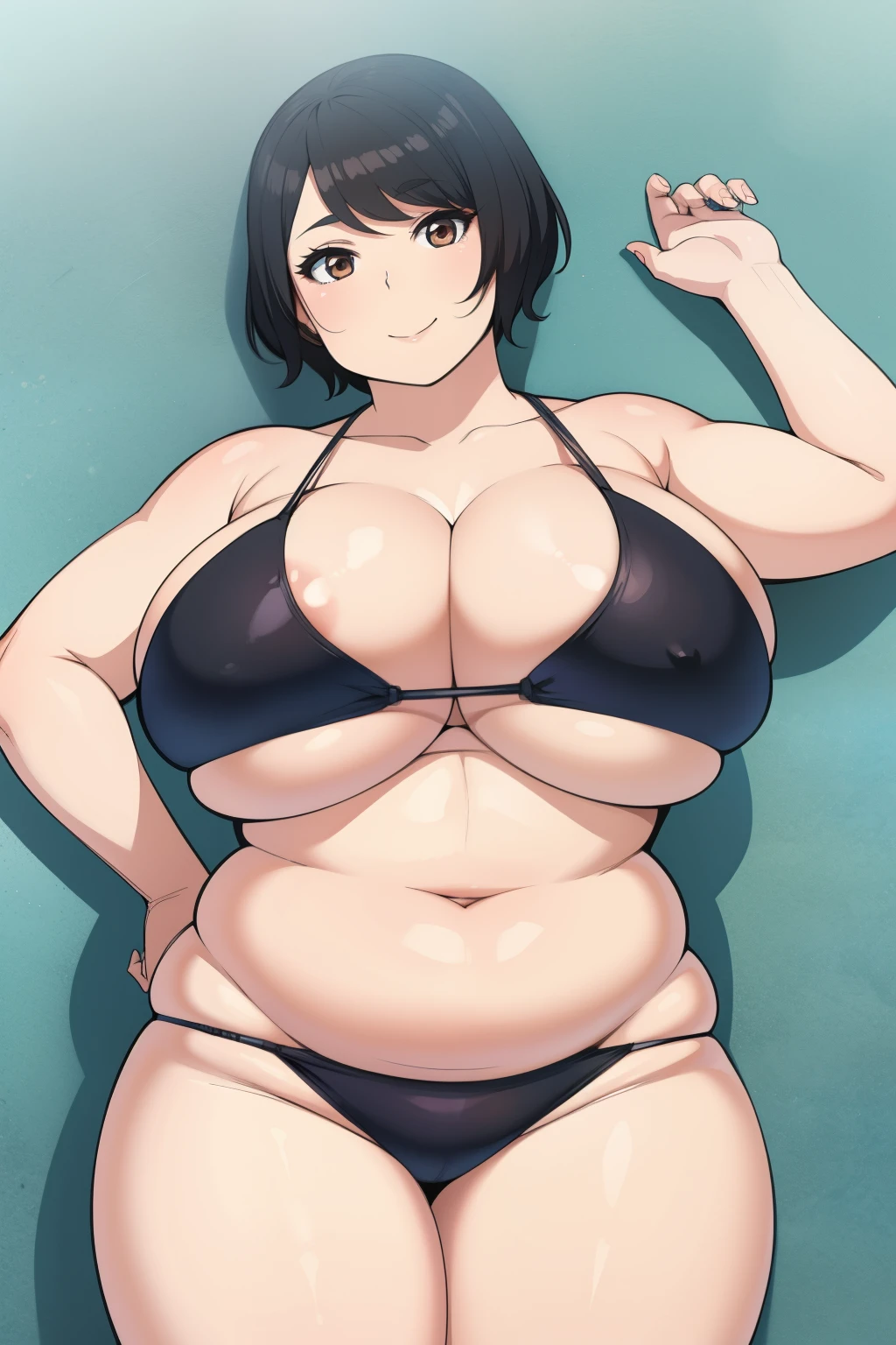 Plump year 21 big breasts black hair brown eyes chubby short hair big breast smile swimsuit lying covered