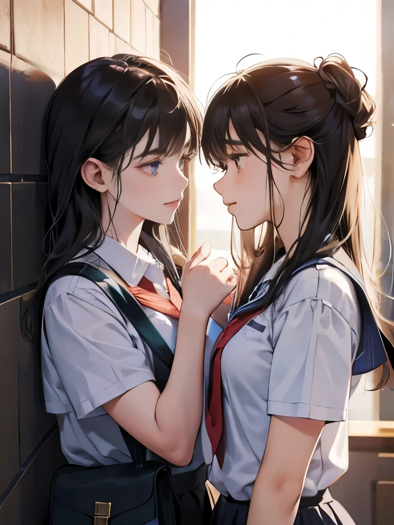 Love Student, Two high school girls wearing girls&#39; school uniforms, Lesbian couple, Tall and thin, beautiful, Classmate, Two people looking at each other,,,