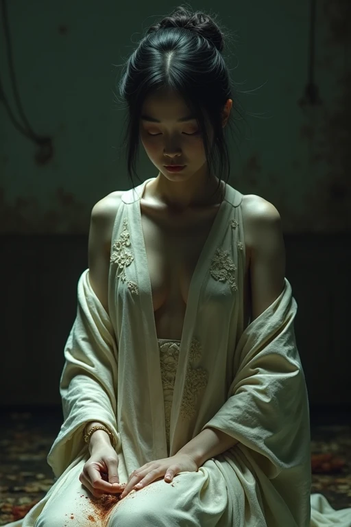 A frontal portrait of a beautiful, stylish Japanese woman from the Meiji period. She is sitting on the window sill of a room on the second floor of a brothel with her clothes open, sadly gazing up at the night sky and gazing at the stars.