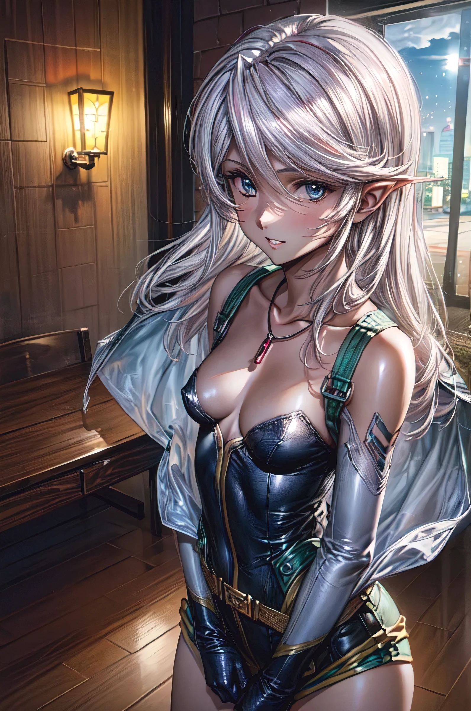 (masterpiece:1.1), (best quality:1.1), 1girl, Real light and shadow, anime face, 4k, 8k, wallpaper,epic, detail texture, Paya, elf ears, pointy ears, White hair, (blue eyes:1.5), ((((white hair:1.35, long hair)))),intricate eyes,beautiful detailed eyes, (symmetrical eyes,big eyes:1.5,(((lustrous skin:1.5,bright skin: 1.5,skin tanned,shiny skin,very shiny skin,shiny body,plastic glitter skin,exaggerated shiny skin,illuminated skin))),(detailed body,(detailed face)), cute, erotic,daring, jersey, number zero, basketball uniform, blue shorts, orange trim, shirt tucked in, from behind, tired, parted lips, looking at viewer, room, wooden wall, wooden floor, (Beautiful, small Breasts:1.2), natural breasts, best quality, masterpiece, very aesthetic, dress, jewelry, flower, wedding dress, veil, necklace, elbow gloves, smile, looking at viewer, (dynamic pose:1.0),happy,smile,(centered,scale to fit dimensions,Rule of thirds), highres,sharp focus,(ultra detailed,extremely detailed),(photorealistic artwork:1.37),(extremely detailed CG unity 8k wallpaper),(((vibrant colors,vibrant theme))),(intricate),(masterpiece),(best quality),