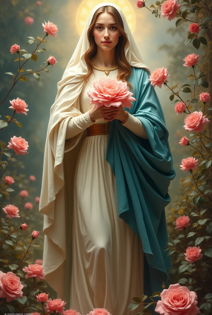 (Cinematic photo of a beautiful and (((VIRGIN MARY MISTYCAL ROSE. . Art by: JOAQUIN SOROLLA, THE GRECO, WILLIAM ADOLPHE BOUGUEREAU))) in full Colors. full body. Hello poster, Noah Bradley, Luis Royo, Tuomas Korpi, Neil Blevins, screen print, pastel colors, cinematic, elegant, intricate, 8k, trending on artstation, concept art, sharp focus, illustration, hyper), (Beautifully Color Graded), Unparalleled Quality,, Hard Surface Modeling), American Tonalist, Expression of Determination, (Iridescent), CANON-Eos-C300-ƒ4-15mm, Colorful, Surrealist Surprise), Infrared Unseen, (Impressionist Oil Art), Victorian Elegance, Elegant Perfectionism), Beautiful, (Moonlit Shadows) Post-processing, Photographed by a Nikon Z7 II Camera