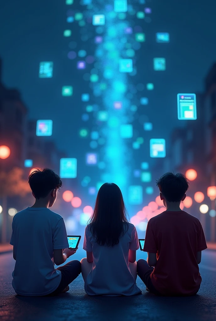 (photorealism:1.2), 3 teenager holding tablet. 1 is boy in the keft 2 girl in the middle and n the right is boy, they all sitting in a street, theyre back is the front in the picture, and make the sky looks like night, like dark from the top and then blue and sky blue, dont add the street background only the skies,and the only giving light is from their tablets and then from where the lights comming make it like the lights of their tablet is showing in the sky and in the lights it shows all of their apps they use i mean,like spotify, mobile legend, etc games, like its a futuristic devide when the appss they use float, make the light go even higher like it reach the sky or top of the ohoto