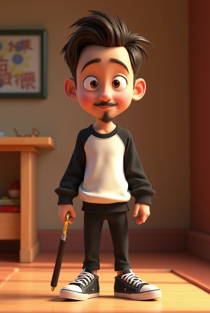 3D pixar style, a 2 young man, white, thin face, thick lips, small brown eyes. White skin, brown wavy hair. Thin goatee In a black and white sweatshirt, black sneakers, with a gold ring on his left finger holding a chaco. In a nunchako room style environment.