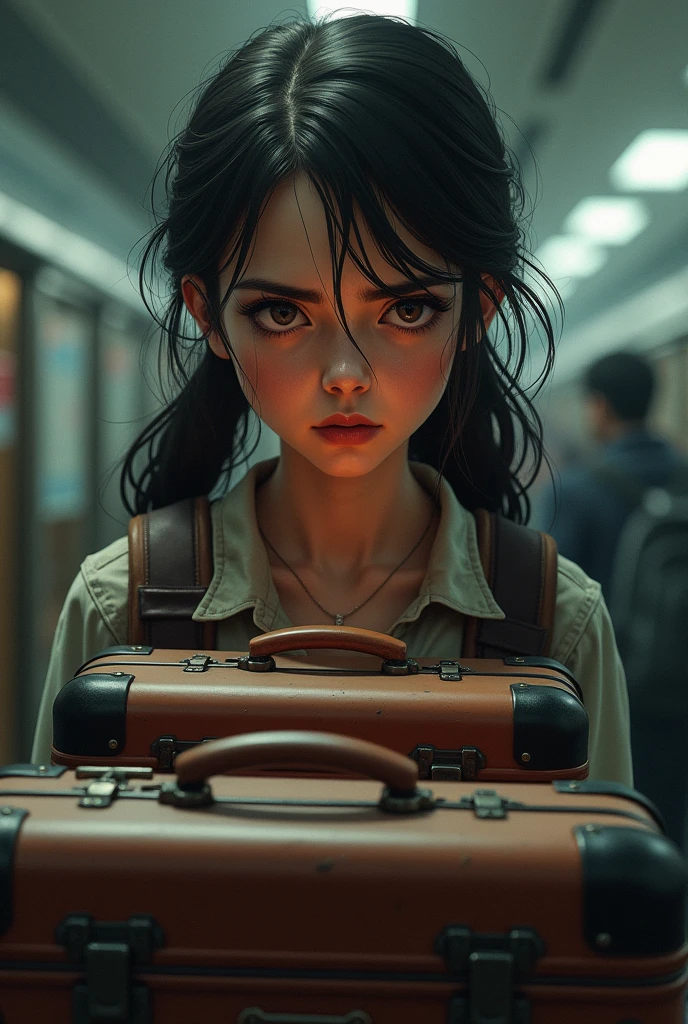 Worried 1 girl choosing 3 different suitcases that could explode