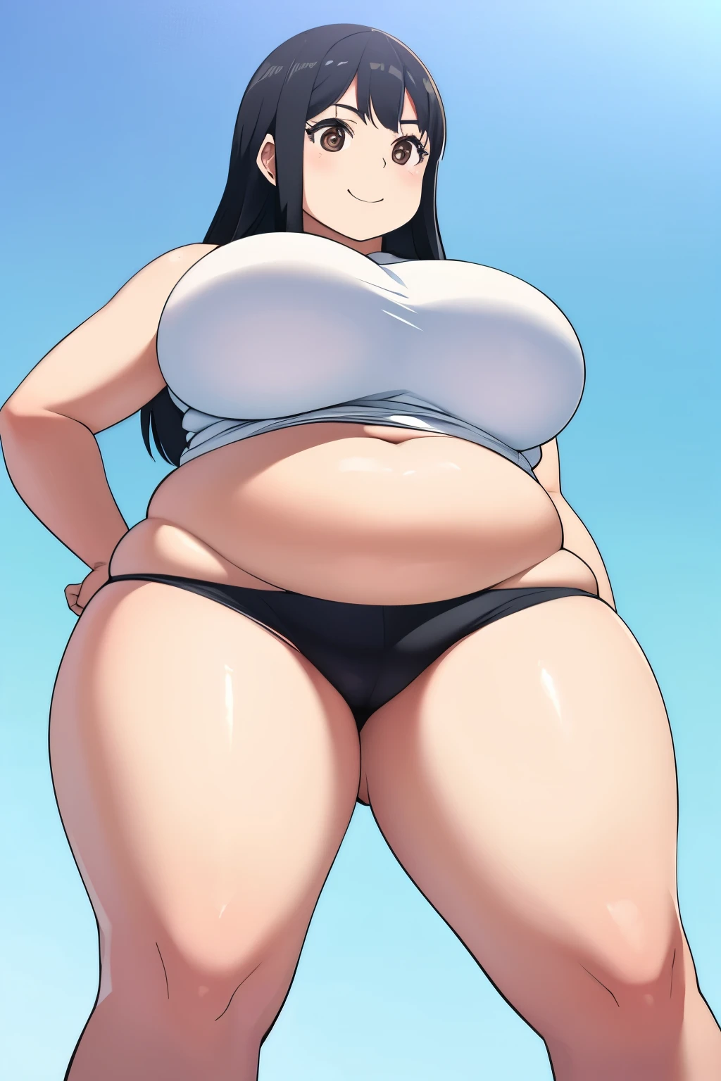 Plump year 21 big breasts black hair brown eyes chubby longer hair big breast smile view from the rear below