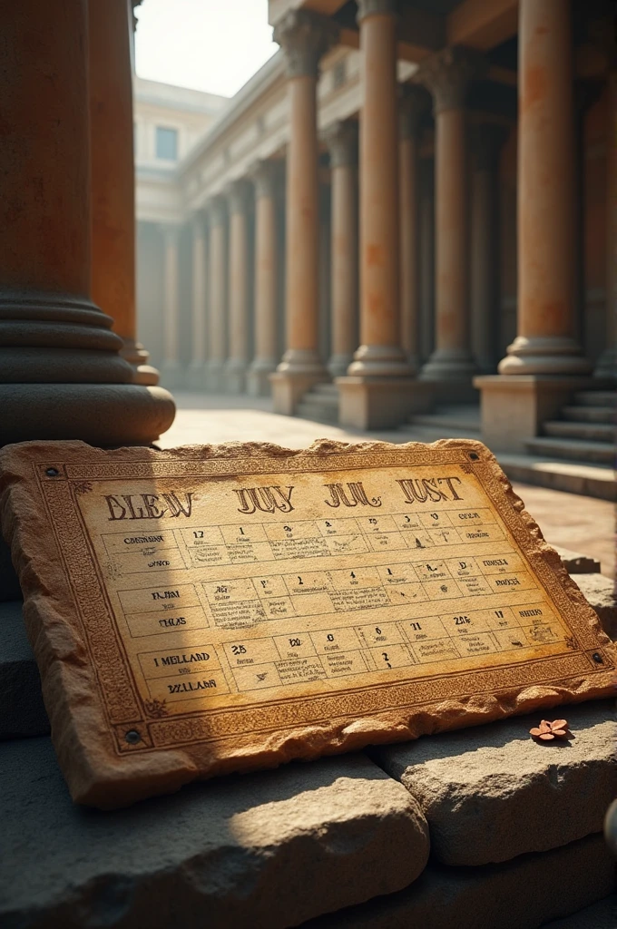 An animated or still image of an ancient Roman calendar with July and August highlighted