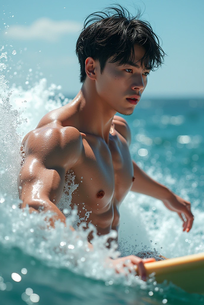 (Best quality,A high resolution,tmasterpiece:1.2),Eyes are natural and delicate,1人,Alone,naked,big bulge, asian gay men,Bulging muscles,legs long,Brave,Detail short hair,red eyes,sixpack abs,sexy for,(Best quality,A high resolution,tmasterpiece:1.2),Muscular,Brown eyes,NSFW.(best quality:1.5, hyperrealistic:1.5, photorealistic:1.4, madly detailed CG unity 8k wallpaper:1.5, masterpiece:1.3, enthusiastically detailed photo:1.2), (hyper-realistic lifelike texture:1.4), highly detailed, ((masterpiece, best quality)), ,extremely detailed 8K wallpaper, 1 corean male, (corean man with k-pop idol look), 20yo, handsome, detailed face, stubble, muscular, naked, swimsuits, surfing, photo real, surfing in the sea, voluptuous pectoral, big, defined, muscular body, sexy, smile