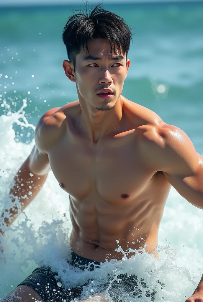 (Best quality,A high resolution,tmasterpiece:1.2),Eyes are natural and delicate,1人,Alone,naked,big bulge, asian gay men,Bulging muscles,legs long,Brave,Detail short hair,red eyes,sixpack abs,sexy for,(Best quality,A high resolution,tmasterpiece:1.2),Muscular,Brown eyes,NSFW.(best quality:1.5, hyperrealistic:1.5, photorealistic:1.4, madly detailed CG unity 8k wallpaper:1.5, masterpiece:1.3, enthusiastically detailed photo:1.2), (hyper-realistic lifelike texture:1.4), highly detailed, ((masterpiece, best quality)), ,extremely detailed 8K wallpaper, 1 corean male, (corean man with k-pop idol look), 20yo, handsome, detailed face, stubble, muscular, naked, swimsuits, surfing, photo real, surfing in the sea, voluptuous pectoral, big, defined, muscular body, sexy, smile