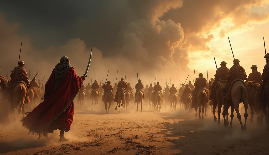 "Create a dramatic scene where the Chaldeans, organized into three bands, are attacking Job's camels and his servants. The image should depict the chaos of the raid, with the Chaldeans wielding swords as they drive away the camels. Some servants are shown being struck down, while others lie on the ground. One servant, terrified and fleeing the scene, is shown running towards the foreground, ready to deliver the tragic news to Job. The background should feature a desolate desert landscape, with dark, ominous clouds in the sky, symbolizing the devastation." o servo relatando