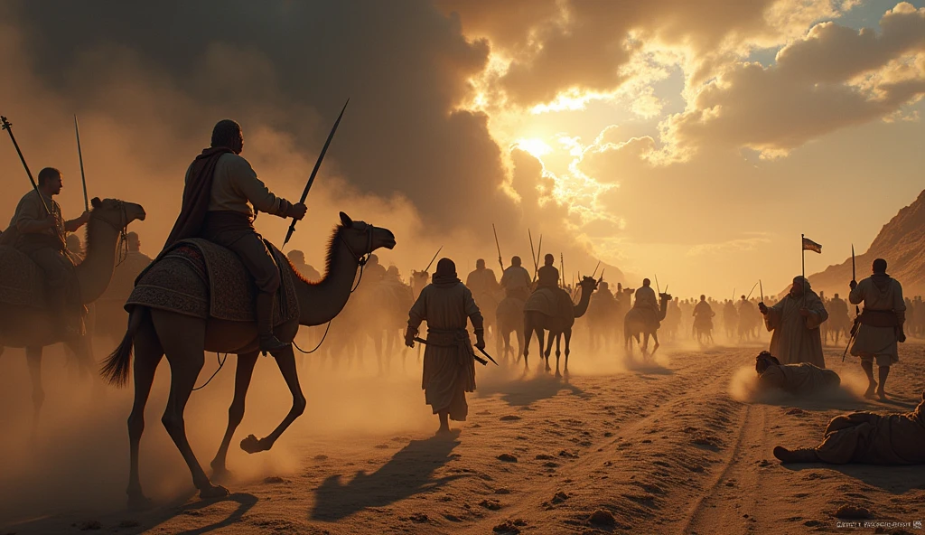 "Create a dramatic scene where the Chaldeans, organized into three bands, are attacking Job's camels and his servants. The image should depict the chaos of the raid, with the Chaldeans wielding swords as they drive away the camels. Some servants are shown being struck down, while others lie on the ground. One servant, terrified and fleeing the scene, is shown running towards the foreground, ready to deliver the tragic news to Job. The background should feature a desolate desert landscape, with dark, ominous clouds in the sky, symbolizing the devastation." o servo relatando