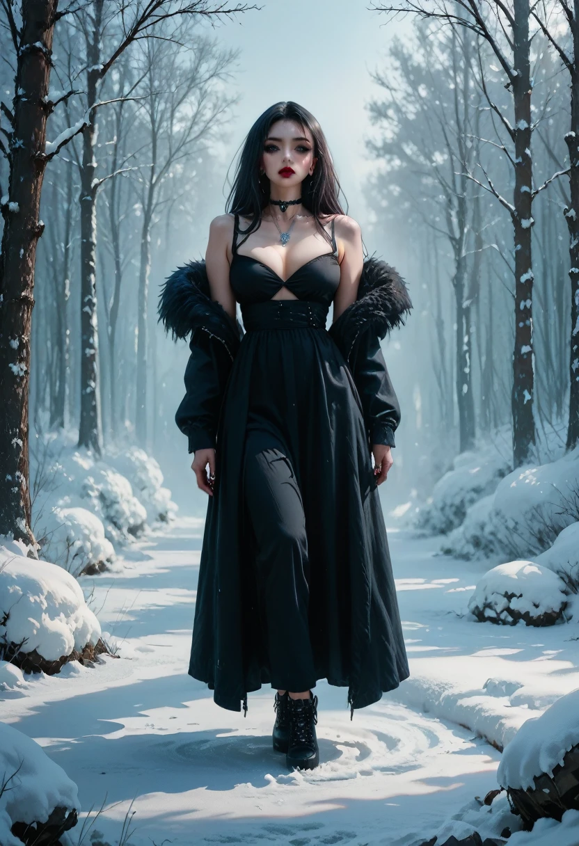 gothic ager with big breasts with little clothes, in the snow, long black hair, necklace on her neck, painted nails, full body, beautiful, striking, attractive, well detailed, painted nails, spectacular image