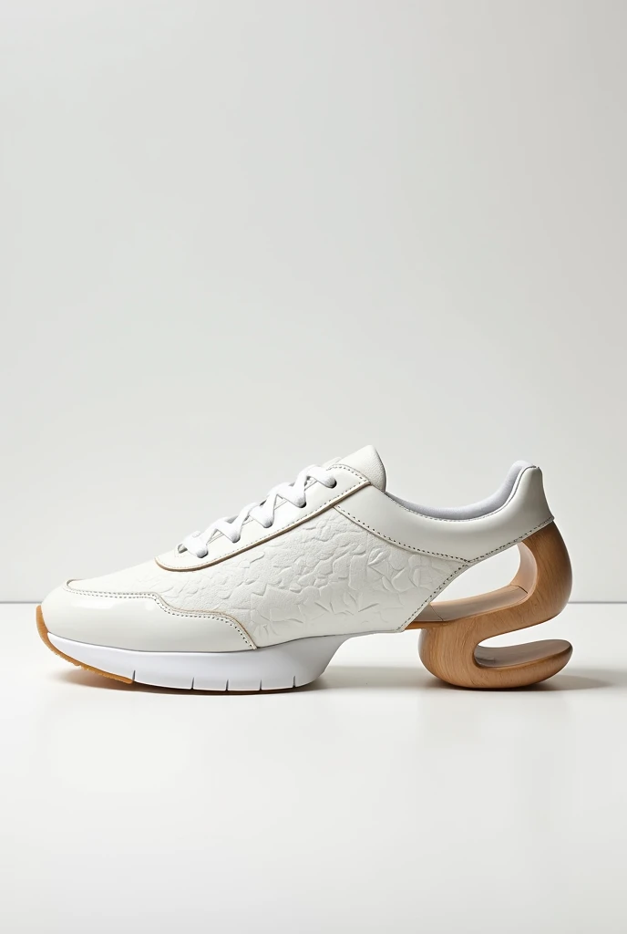 create a white sneaker, with the front completely closed, and the back is open, it must have a leaf-like texture design, must have a wooden heel,all this on a white background for product display