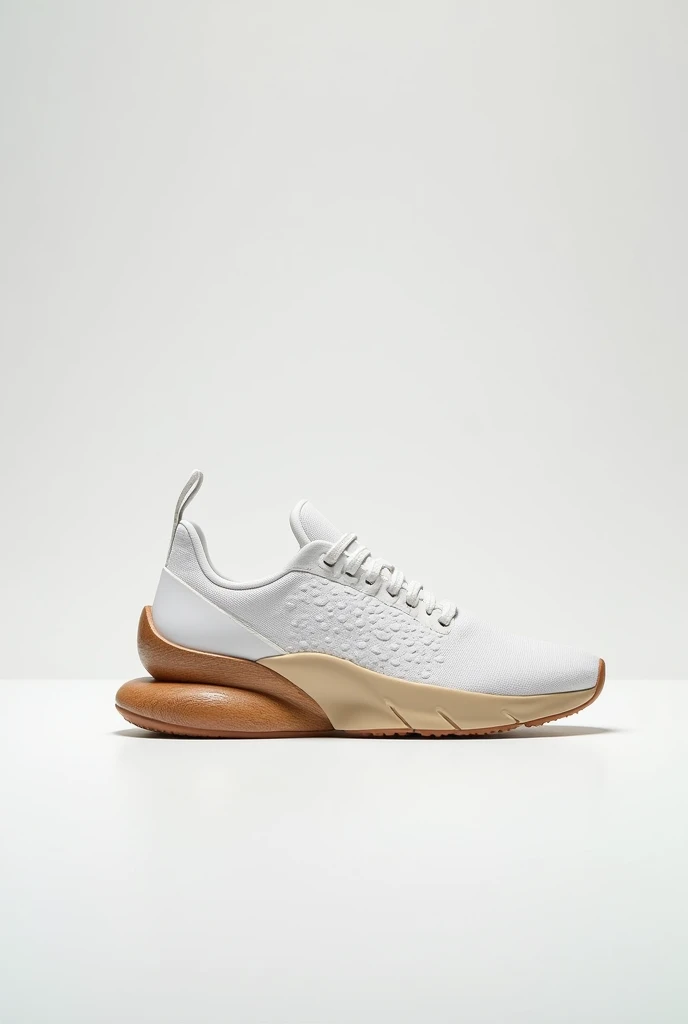 create a white sneaker, with the front completely closed, and the back is open, it must have a leaf-like texture design, must have a wooden heel,all this on a white background for product display