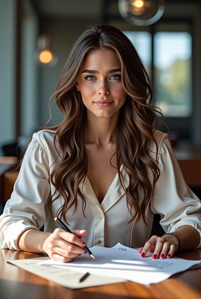(photorealism:1.2), Girl age 25, Long Brown wavy hair, Brown eyes, sitting in a meeting for her next DJ party