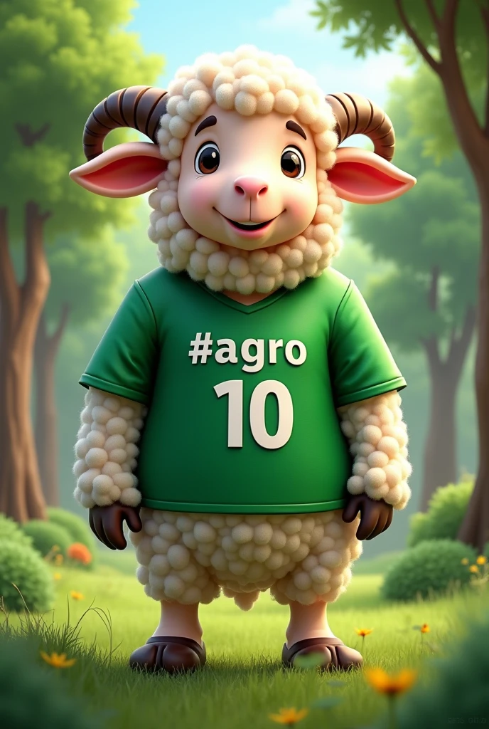 A sports mascot of a sheep wearing a green shirt that says "#AGRO 10" with tree background