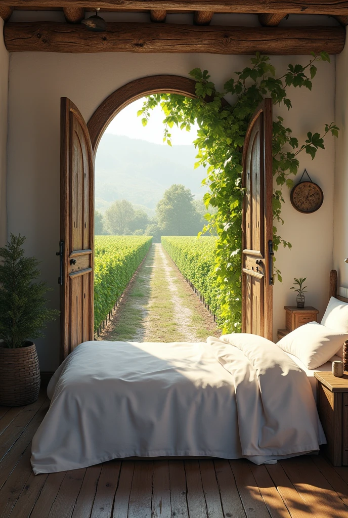 Green room with bush and. Door walls white bed medieval vineyard in a cabin