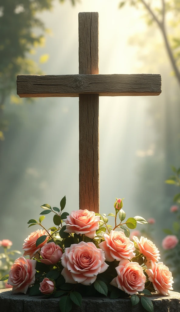 Image of the cross of Christ surrounded by roses at its foot with space for writing