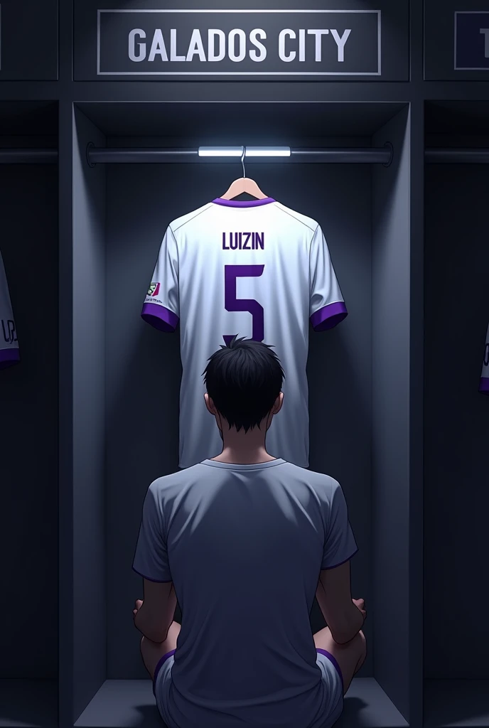 football locker room with a football player&#39;s cabin in this cabin there will be a white shirt with purple details (minimalists) on the collar and at the tip of the sleeve the shirt must be showing the back with the name LUIZIN highlighted and the shirt number must be number 5, the cabin at the top must contain the name of the club which is GALADOS CITY, all ambient light must be off, only the light of the sign with the name GALADOS CITY and a low light above the shirt indicating prominence must be on. (The image should be centered and not too far away) and the player with slightly dark skin, short black hair with a gradient and a beard showing that he cares about the current fashion style must be wearing pre-game clothes different from the shirt that is hanging in the locker room, the one he is wearing is gray with purple details on the sleeve and collar of the shirt and on the shorts, the player in the image must be sitting facing forward with his head down (indicating pre-game concentration)