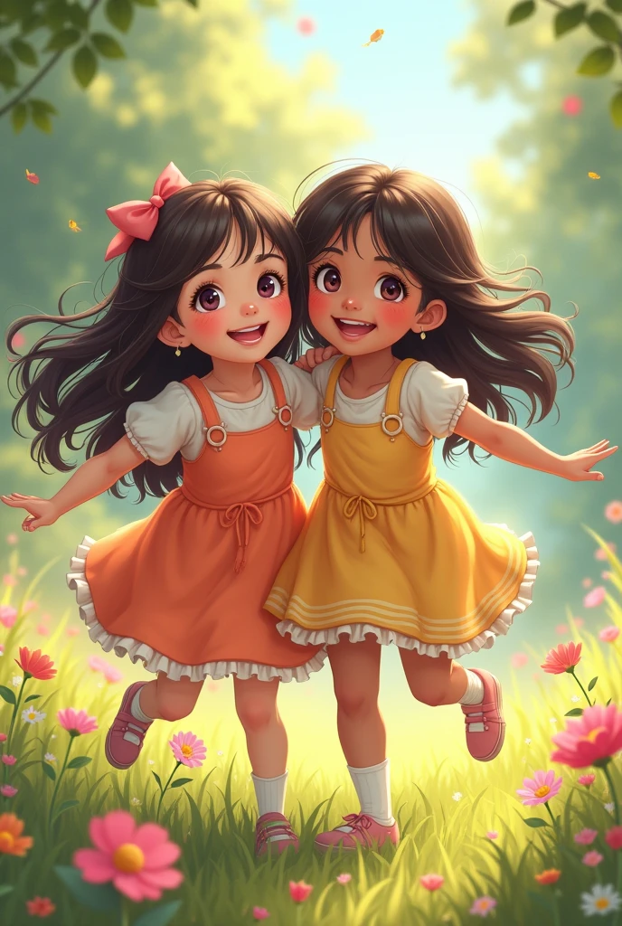 Make a age girl and another girl, a white girl and another Indian girl, the white girl 3, the older one with loose hair who are happy and very pretty, anime types, plus an Indian girl and the white girl with brown hair