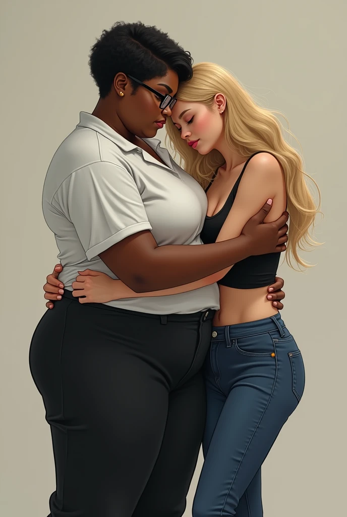 Create a realistic image of a young woman in her 20s, obese, with black and dark skin, with short hair, wearing a white shirt and black skirt and wearing prescription glasses, carrying a 2 young woman in his arms in the air, with light white skin, blonde hair long, slim body, wearing a tight black long-sleeved blouse with a low neckline and wearing jeans.
