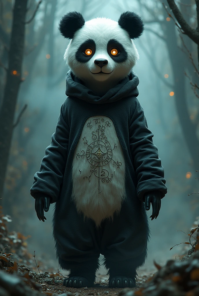 Necromancer woman dressed as a Pixar-style panda